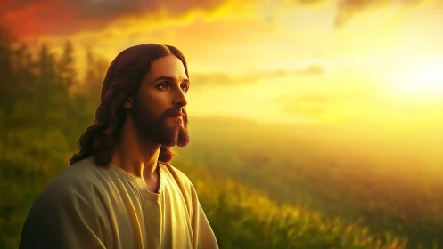 Portrait of robed man in glowing sunset landscape scene.