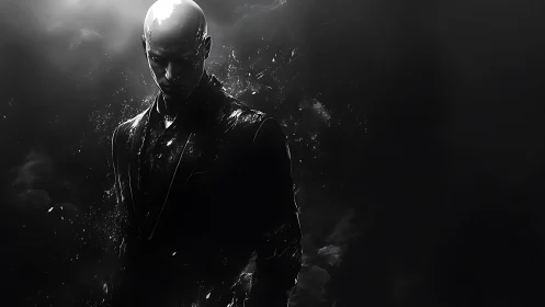 Shadowed bald figure dissolves into drifting monochrome dust