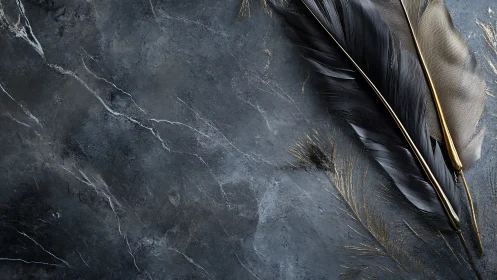 Black and gold feathers rest on dark textured stone. Period.