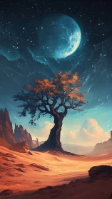 Solitary desert tree stands beneath oversized blue moon