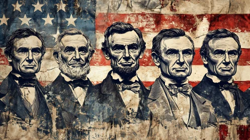 Historic presidential portrait montage on distressed flag backdrop.