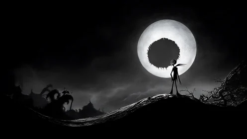 Silhouetted figure stands before large cratered moon disk