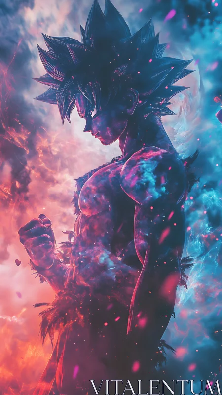 Silhouetted muscular figure stands amid contrasting energy fields