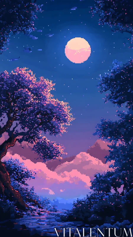 Moonlit pixel grove wrapped in dreamy violet clouds.