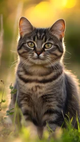 Tabby Cat with Golden Eyes Surrounded by Warm Sunlight