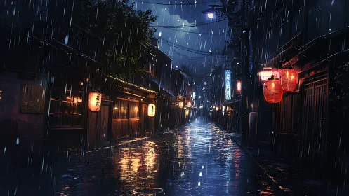 Nocturnal alleyway in heavy rainfall with lantern-lit wet reflections