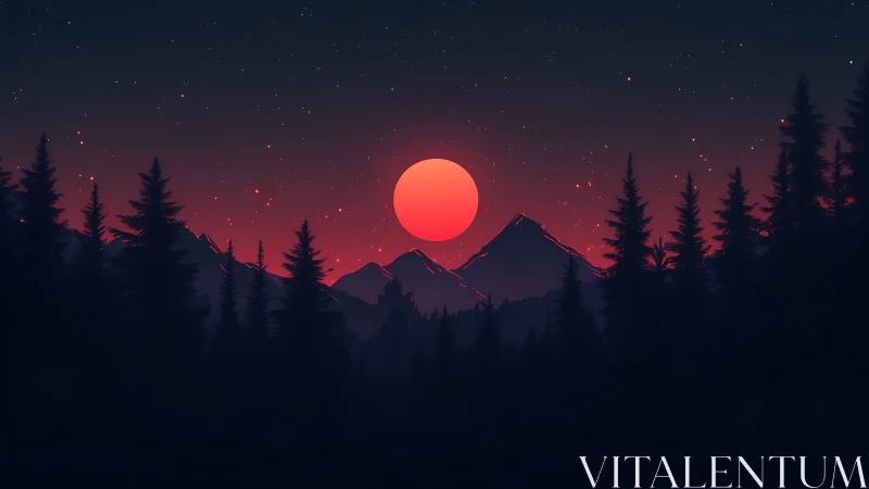 Crimson moon settles gently above quiet mountain pines