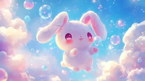 Pastel sky bunny floats among iridescent dream bubbles.