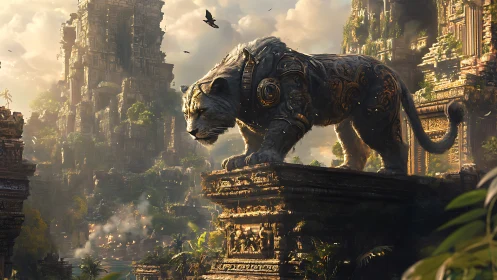 Cybernetic stone tiger sentinel over overgrown jungle ruins