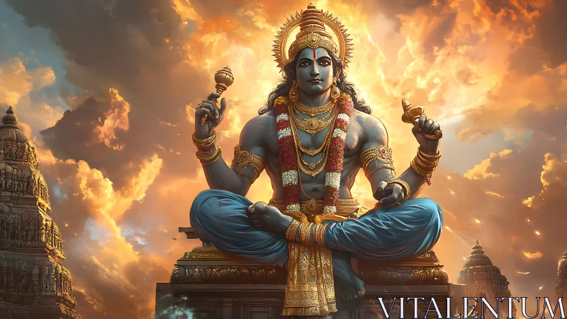 Deity statue sits cross-legged against glowing sunset clouds