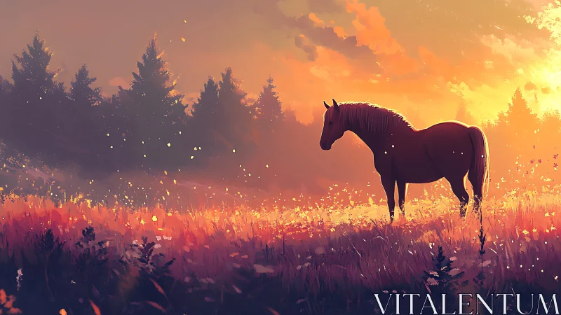 Solitary horse in ember-lit meadow at glowing sunset sky.