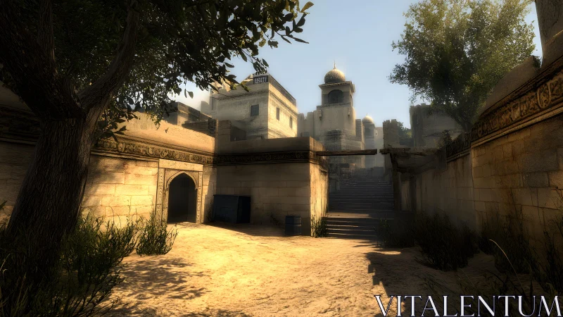 Sunlit Middle Eastern courtyard in realistic 3D game environment.