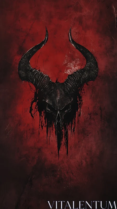 Horned demonic skull emerges from blood-red darkness.