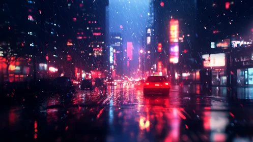 Rainy neon boulevard where city lights feel like music.