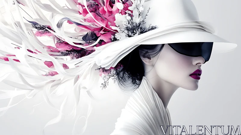 Graceful woman in white hat with flowing floral accents.
