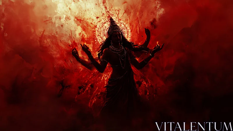 Digital painting of a multi-armed goddess in crimson aura.