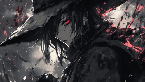 Dark anime witch hunter with glowing red eyes portrait.