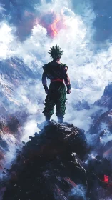 Lone warrior quietly faces a stormy sky of roaring power