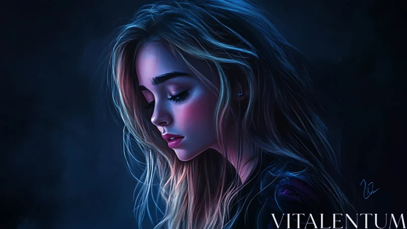 Melancholic young woman rendered in cool neon side light