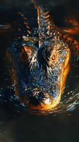 Crocodilian head emerging from water in stylized close view