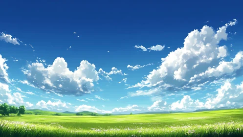 Vast summer meadow under deep blue sky with clouds.