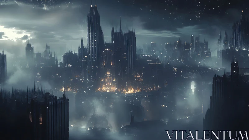 Nocturnal neo-gothic megacity in volumetric storm haze.