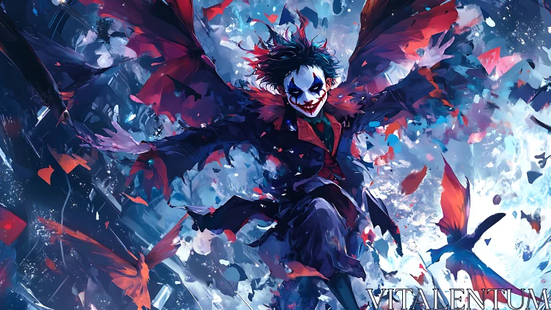 Chaotic clown villain dives through shattered neon sky.