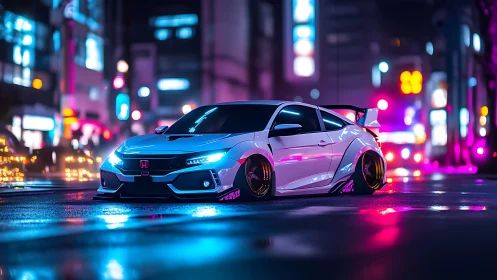 Neon-lit tuned Honda Civic in glossy wet night streetscape.