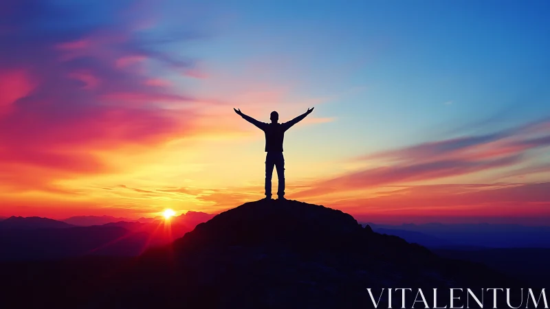 Silhouetted summit figure against high-saturation spectral sunset.