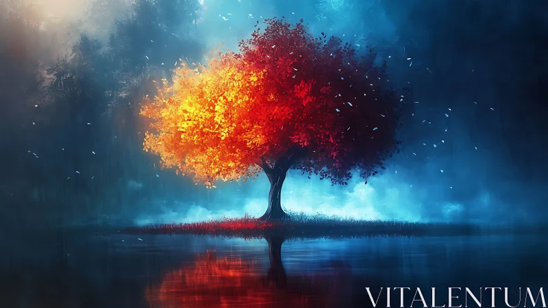 Luminous bicolor tree reflected over misty nocturnal lake.