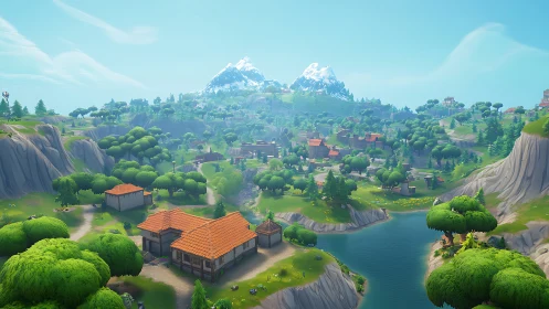 Layered valley settlement beneath snow-capped mountain peaks