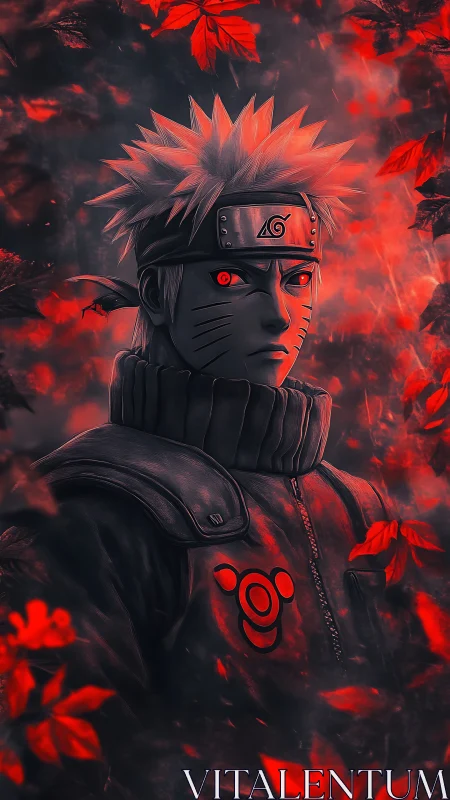 Storm-eyed ninja framed by glowing crimson autumn leaves.