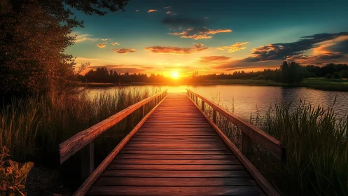 Wooden lakeside pier extending toward low sunset horizon.