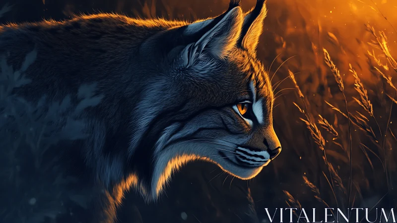 Golden dusk watcher: wild cat glowing in twilight fields.