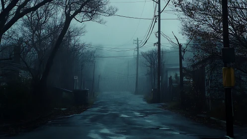 Rain-soaked foggy street with bare trees and power lines.