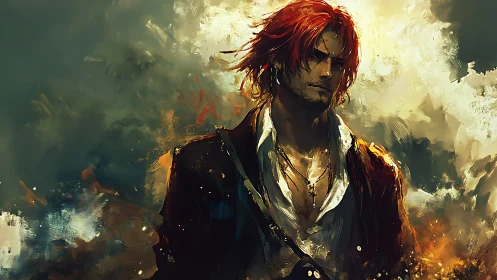 Brush-textured red-haired swordsman emerges from turbulent light field