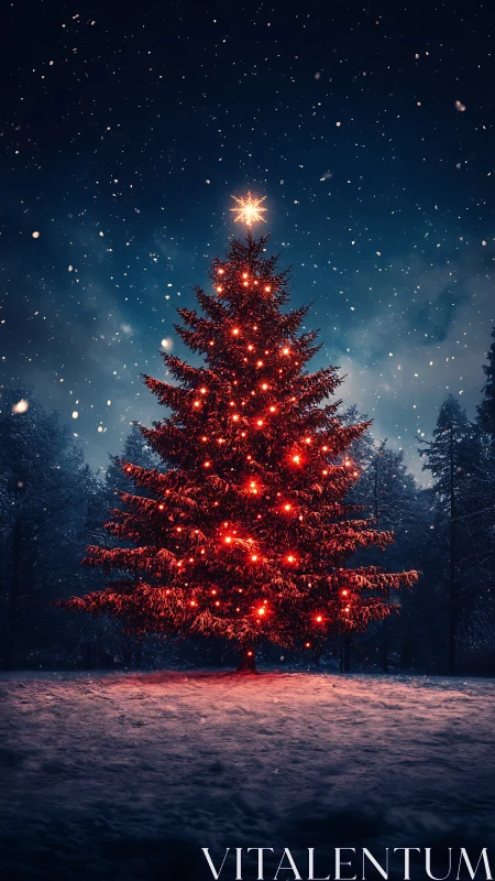 Starlit forest Christmas tree glowing in a gentle snowfall.