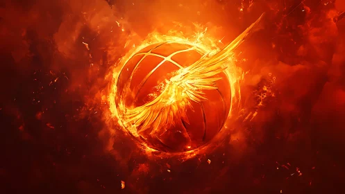 Flaming phoenix basketball blazes through molten twilight skies.