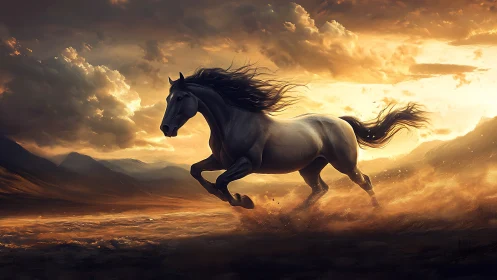 Galloping stallion crossing fiery sunset desert plain.