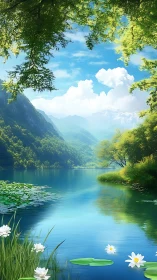 Serene alpine lake with lilies, forested slopes and distant peaks.