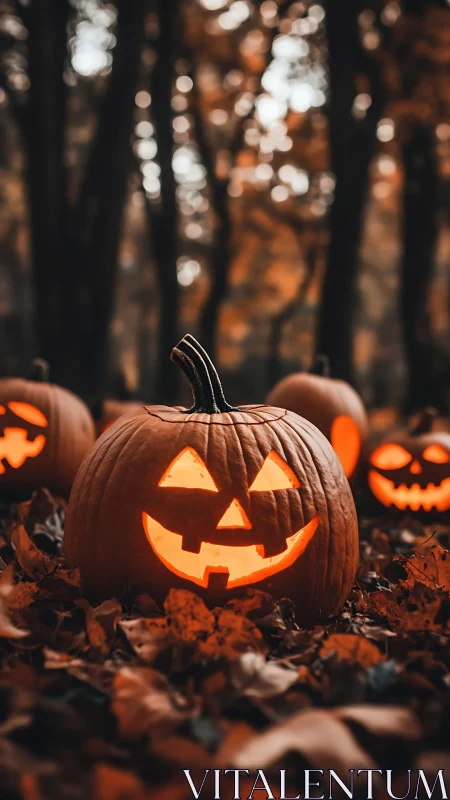 Illuminated Jack-O'-Lantern in Forest Setting with Bokeh Lighting