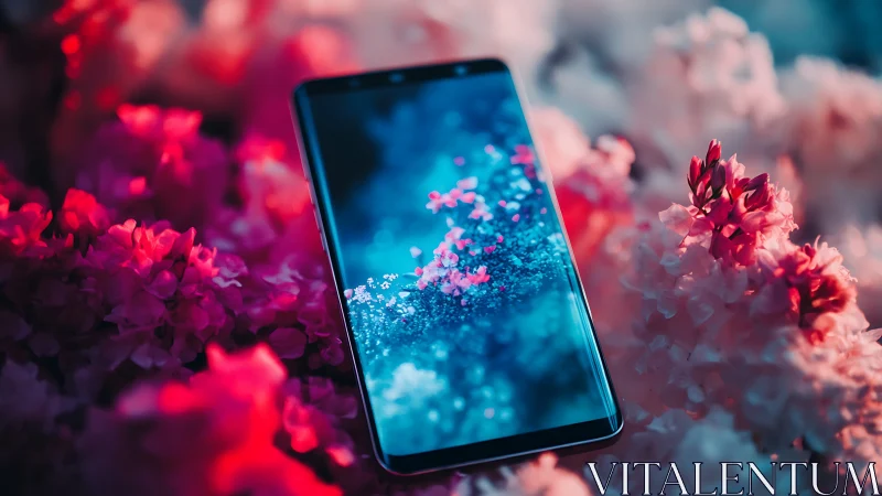 Smartphone Glows Among Vibrant Pink and Blue Flowers