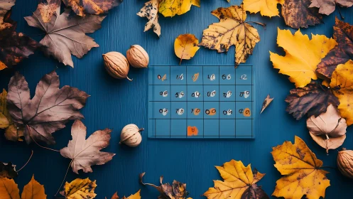Autumn leaves surround monthly calendar on blue wooden table