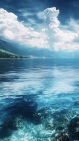 High-altitude coastal lake with cumulus towers and clear shallows