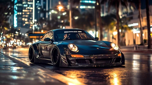 Low, wide sports car is parked on wet city street at night