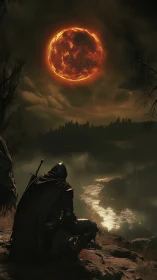 Armored wanderer under eclipsed molten sun above dark citadel