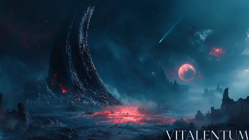 Hostile alien landscape with crescent monolith and red moon.