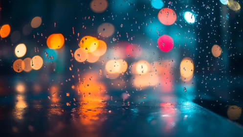 Nocturnal city bokeh through rain-slicked glass interface.
