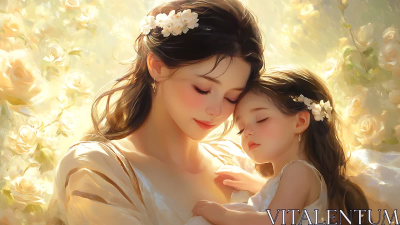 Mother and Child Portrait: Golden Luminescence with Floral Accents.
