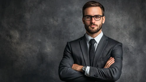 Business professional stands with folded arms against gray backdrop